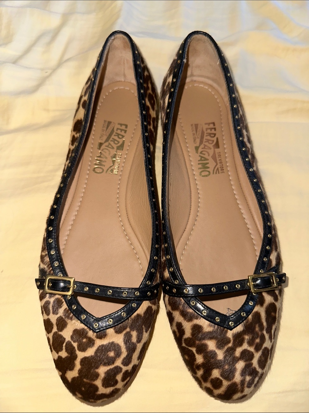 Salvatore Ferragamo Leopard Print Pony Hair Leather Ballet Flats